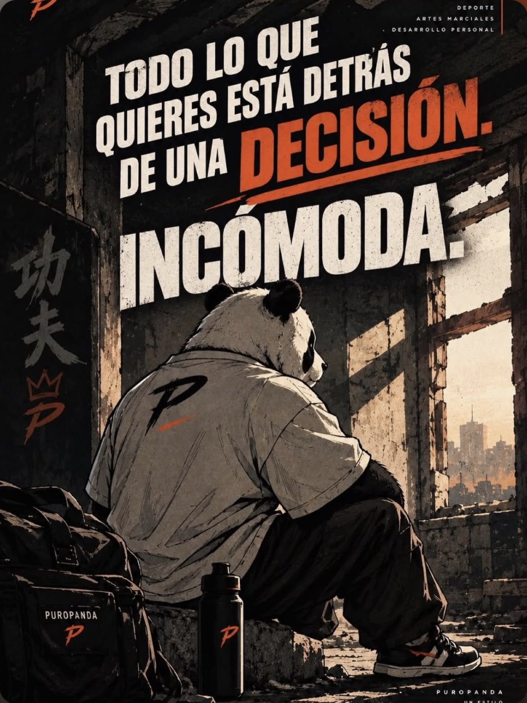 Panda con camiseta PuroPanda sentado en un edificio en ruinas: todo lo que quieres está detrás de una decisión incómoda