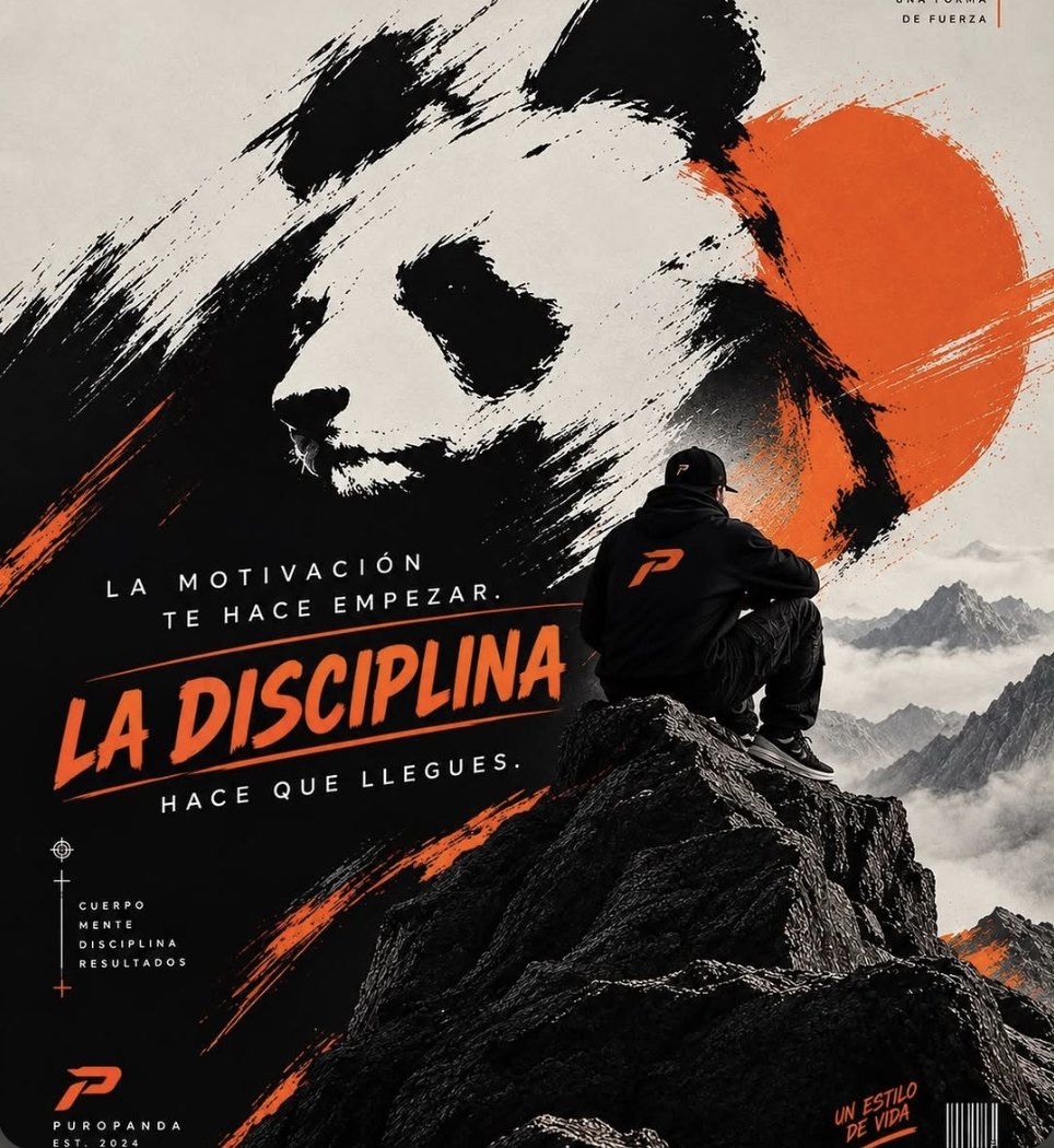 Panda pintado a pincel con sol naranja y un chico con sudadera PuroPanda sentado en la cima de una montaña