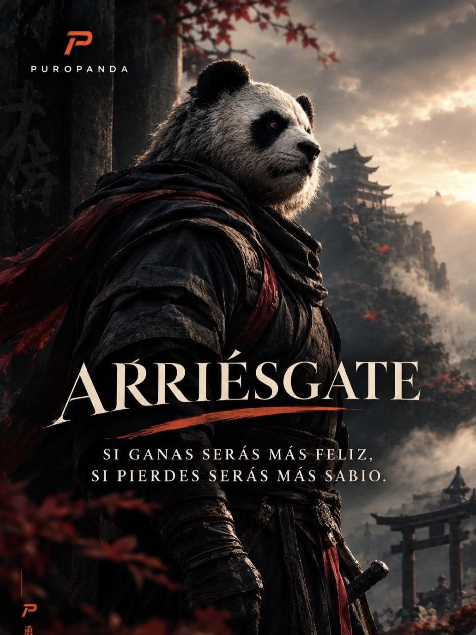 Panda samurái con kimono negro y bufanda roja: Arriésgate